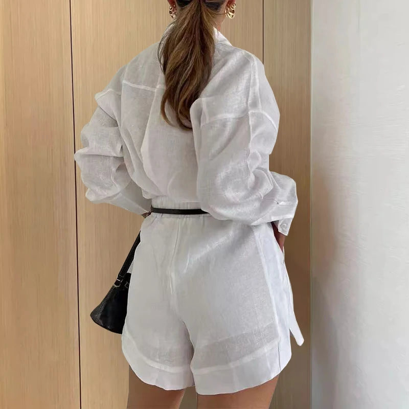 Ensemble 2PCS Casual Chic Chemise & Short en Coton et Lin