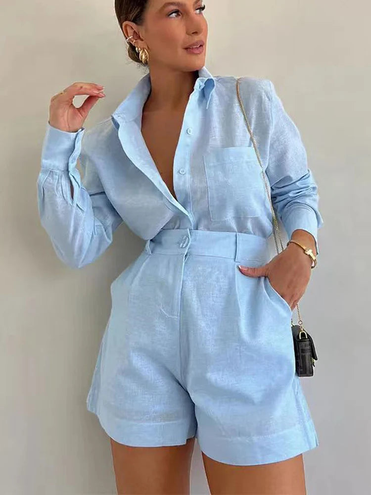 Ensemble 2PCS Casual Chic Chemise & Short en Coton et Lin