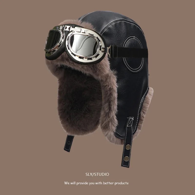 Chapka Russe Aviateur avec Lunettes Rétro – Bonnet d’Hiver Fourré, Cache-Oreilles Chauds – Homme & Femme