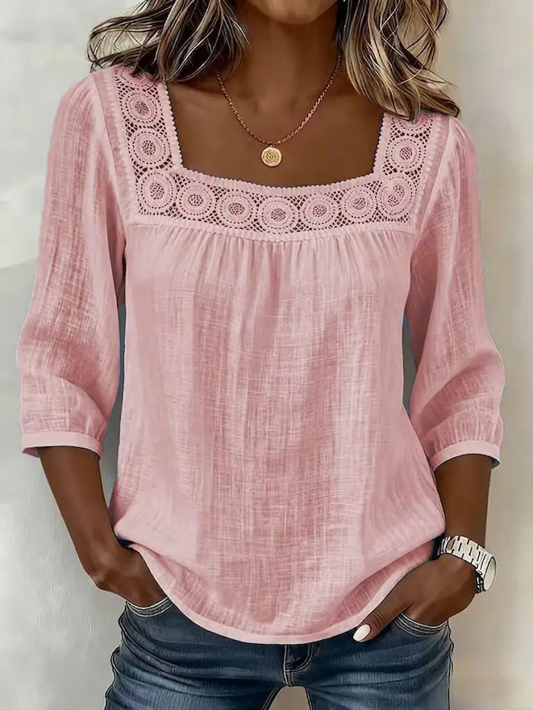 Blouse Femme Chic Décontractée – Dentelle Raffinée et Tissu Coton-Lin