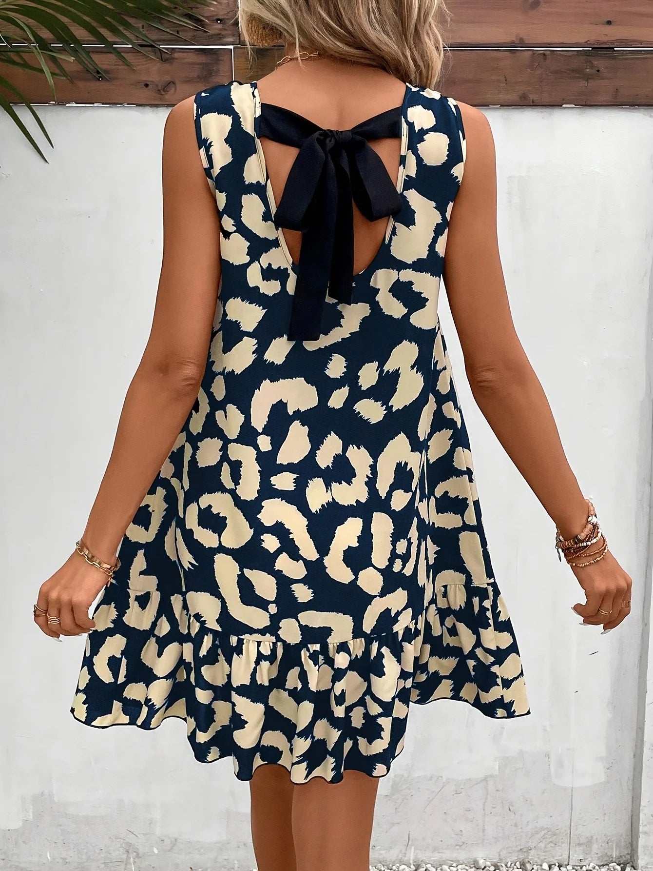 Robe Décontractée Sans Manches & Volants à Motif Léopard Marine
