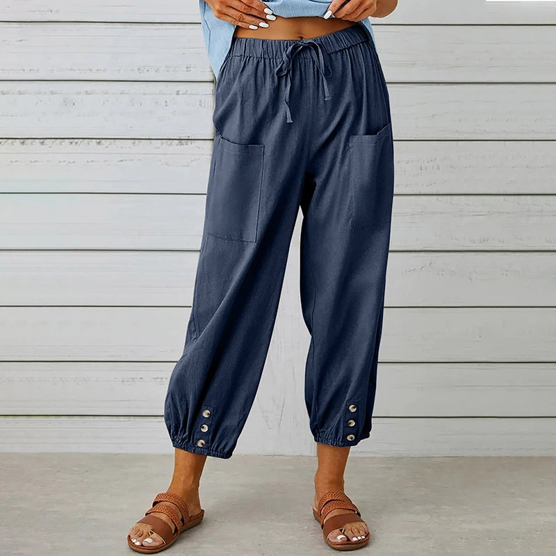Pantalon Femme en Coton et Lin à Taille Haute – Coupe Ample à Jambes Larges et Taille Élastique