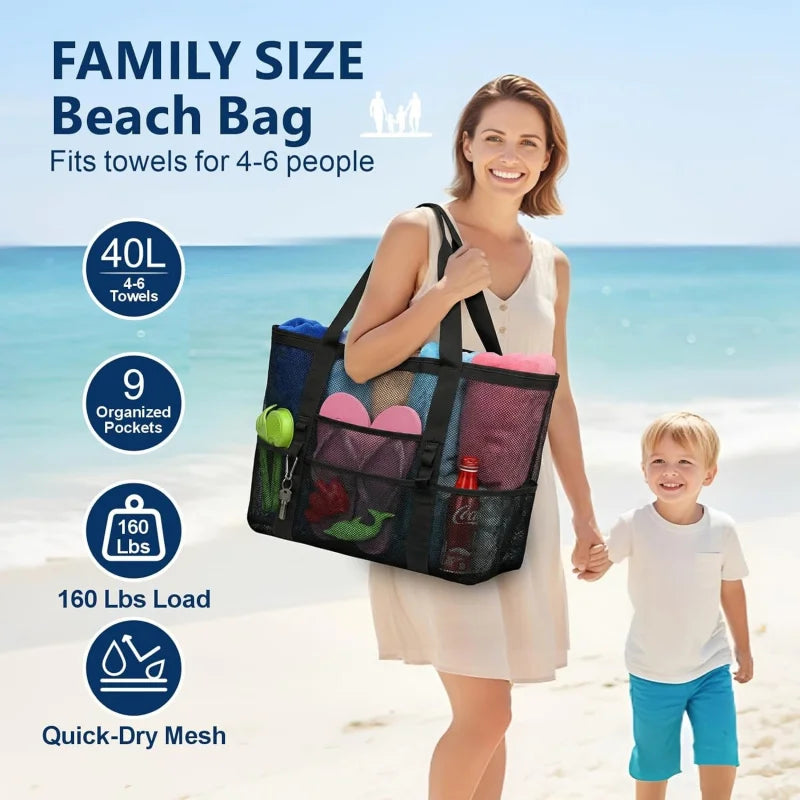 Grand Sac de Plage en Maille Grande Capacité avec 9 Poches – Séchage Rapide et Design Anti-Sable