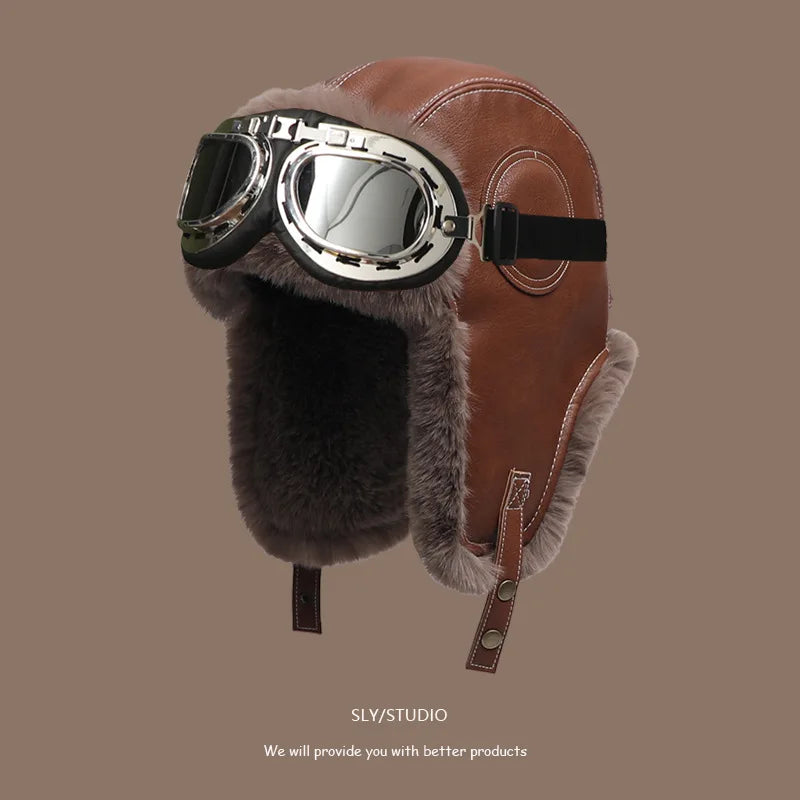 Chapka Russe Aviateur avec Lunettes Rétro – Bonnet d’Hiver Fourré, Cache-Oreilles Chauds – Homme & Femme