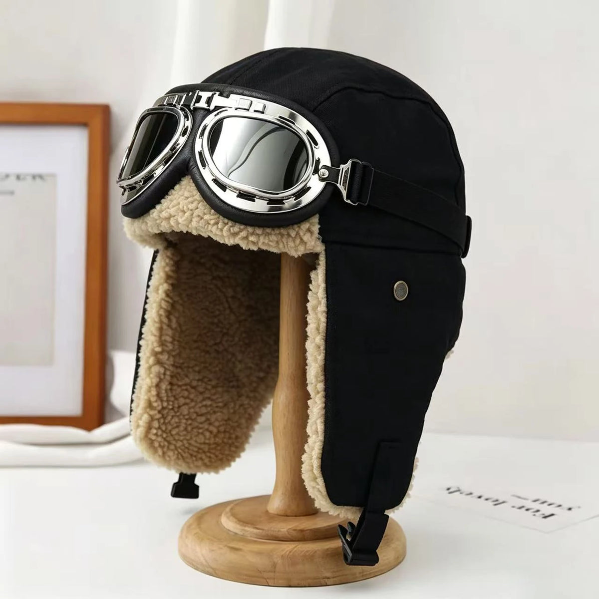 Chapka Russe Aviateur avec Lunettes Rétro – Bonnet d’Hiver Fourré, Cache-Oreilles Chauds – Homme & Femme