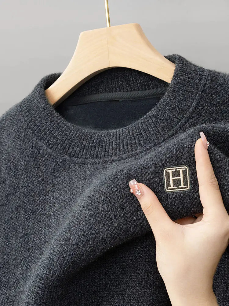 Pull en Maille à Col Rond et Logo Brodé Homme