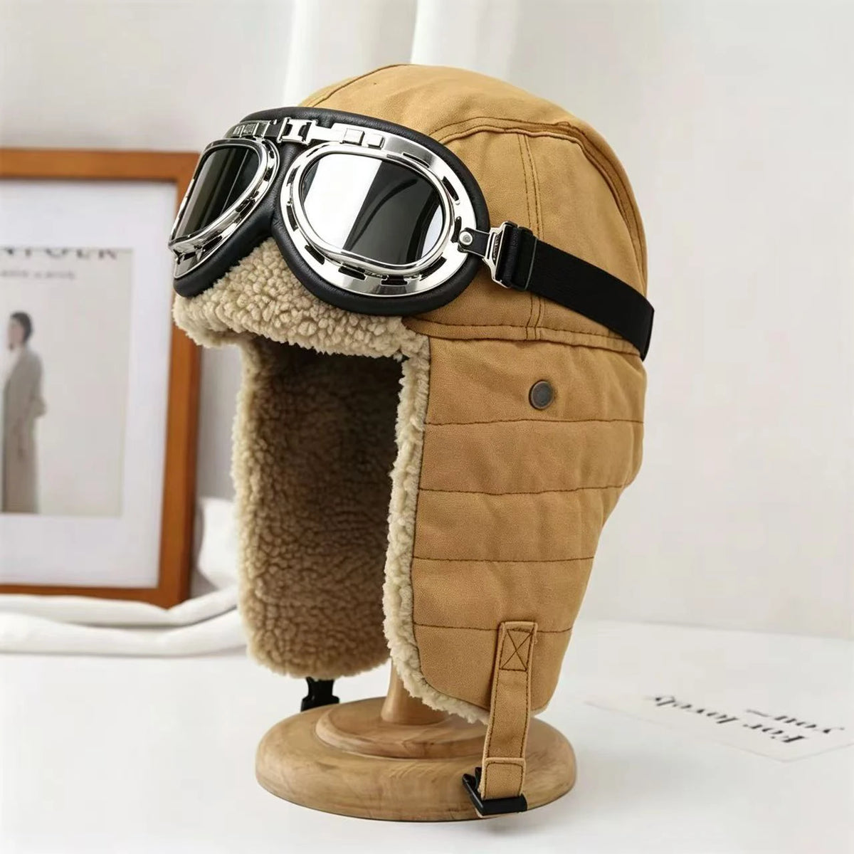 Chapka Russe Aviateur avec Lunettes Rétro – Bonnet d’Hiver Fourré, Cache-Oreilles Chauds – Homme & Femme