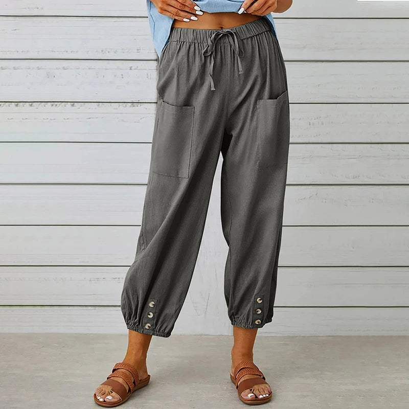 Pantalon Femme en Coton et Lin à Taille Haute – Coupe Ample à Jambes Larges et Taille Élastique
