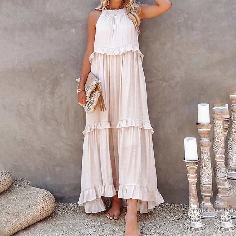 Robe Longue Femme à Volants – Maxi Robe Élégante Sans Manches pour Plage et Soirée Été 2026