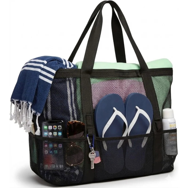 Grand Sac de Plage en Maille Grande Capacité avec 9 Poches – Séchage Rapide et Design Anti-Sable