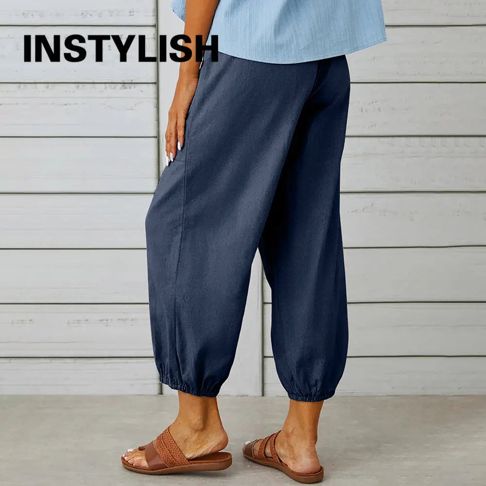 Pantalon Femme en Coton et Lin à Taille Haute – Coupe Ample à Jambes Larges et Taille Élastique