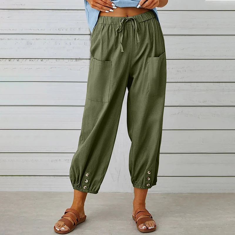 Pantalon Femme en Coton et Lin à Taille Haute – Coupe Ample à Jambes Larges et Taille Élastique