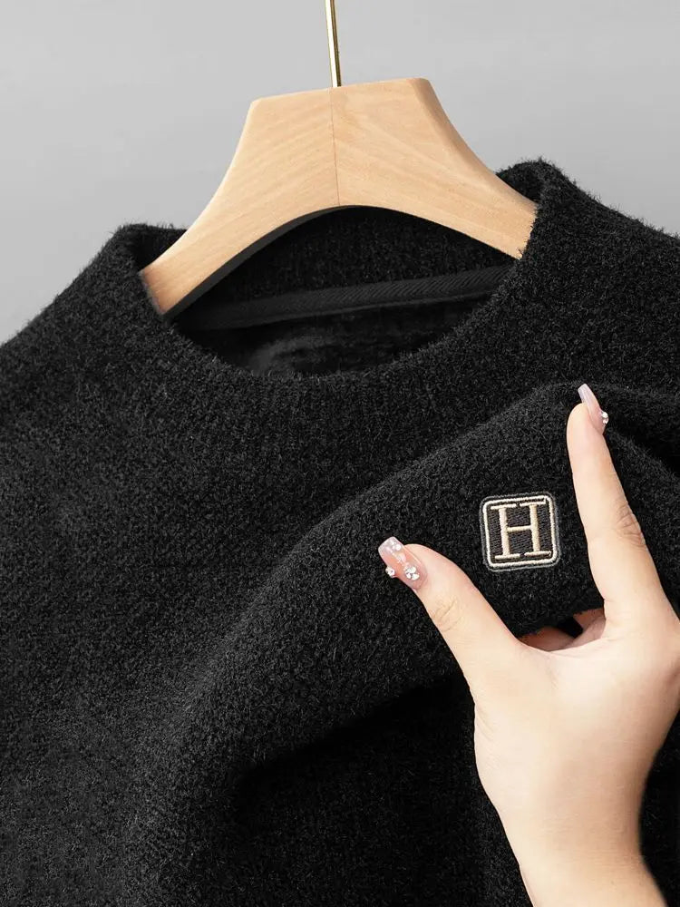 Pull en Maille à Col Rond et Logo Brodé Homme