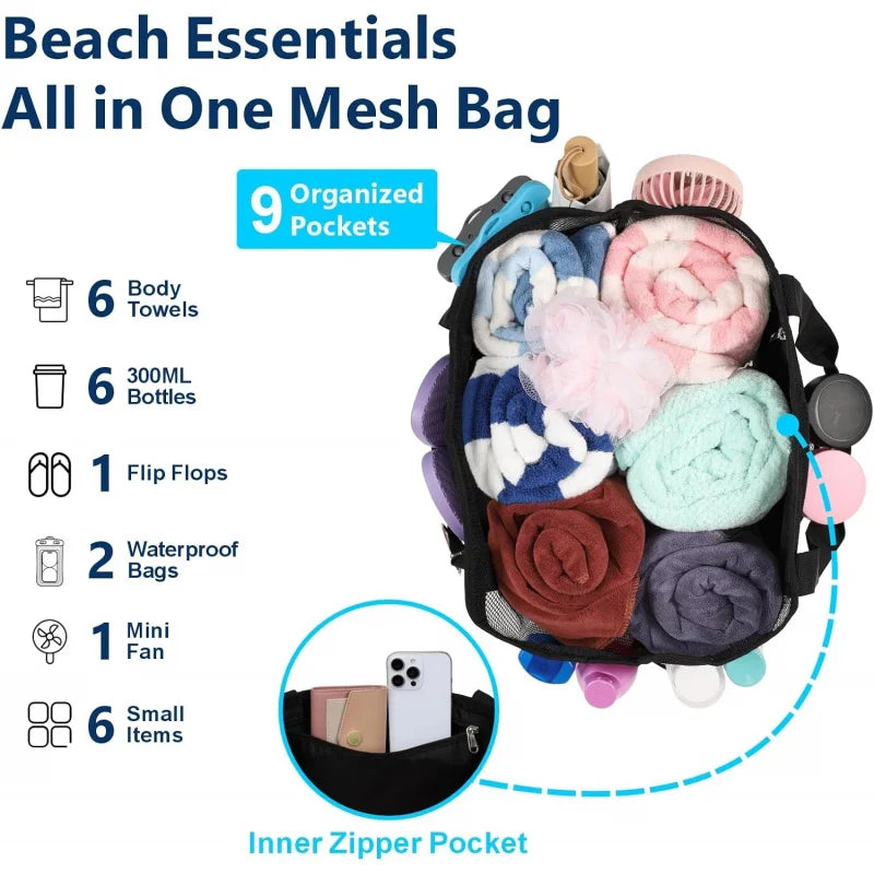 Grand Sac de Plage en Maille Grande Capacité avec 9 Poches – Séchage Rapide et Design Anti-Sable