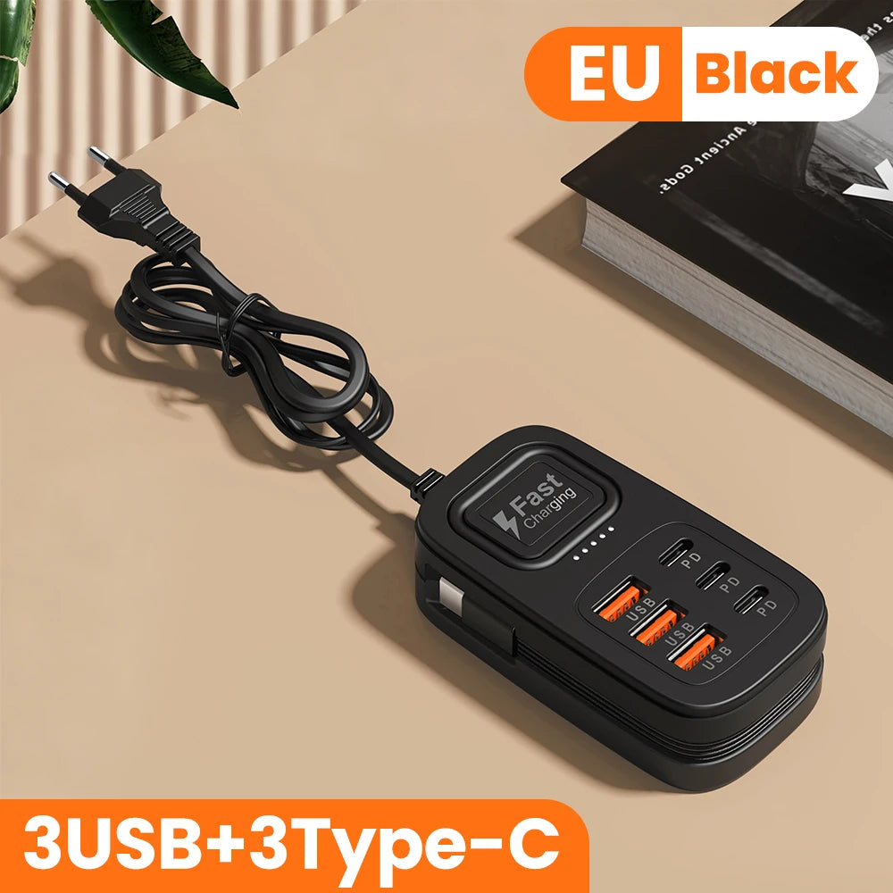 Station de Charge USB 6 Ports Multifonction — 3 USB + 3 Type-C, Charge Rapide