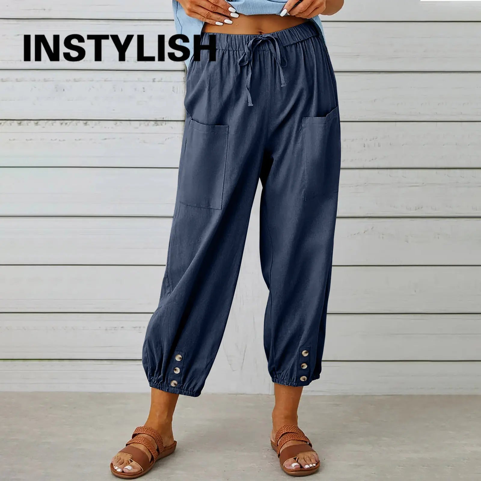 Pantalon Femme en Coton et Lin à Taille Haute – Coupe Ample à Jambes Larges et Taille Élastique