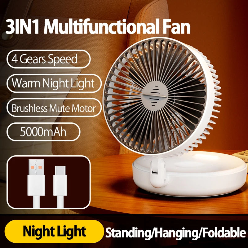 Ventilateur Portable 3-en-1 Rechargeable 1200mAh — Mural, Posable & Pliable 90°