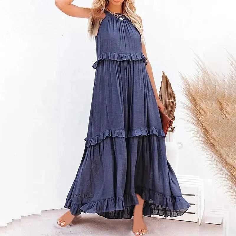 Robe Longue Femme à Volants – Maxi Robe Élégante Sans Manches pour Plage et Soirée Été 2026