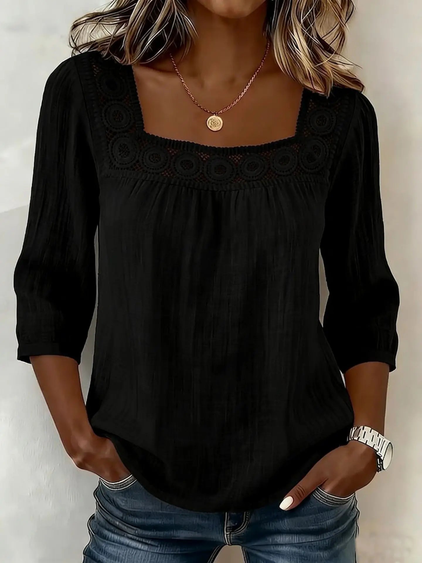 Blouse Femme Chic Décontractée – Dentelle Raffinée et Tissu Coton-Lin