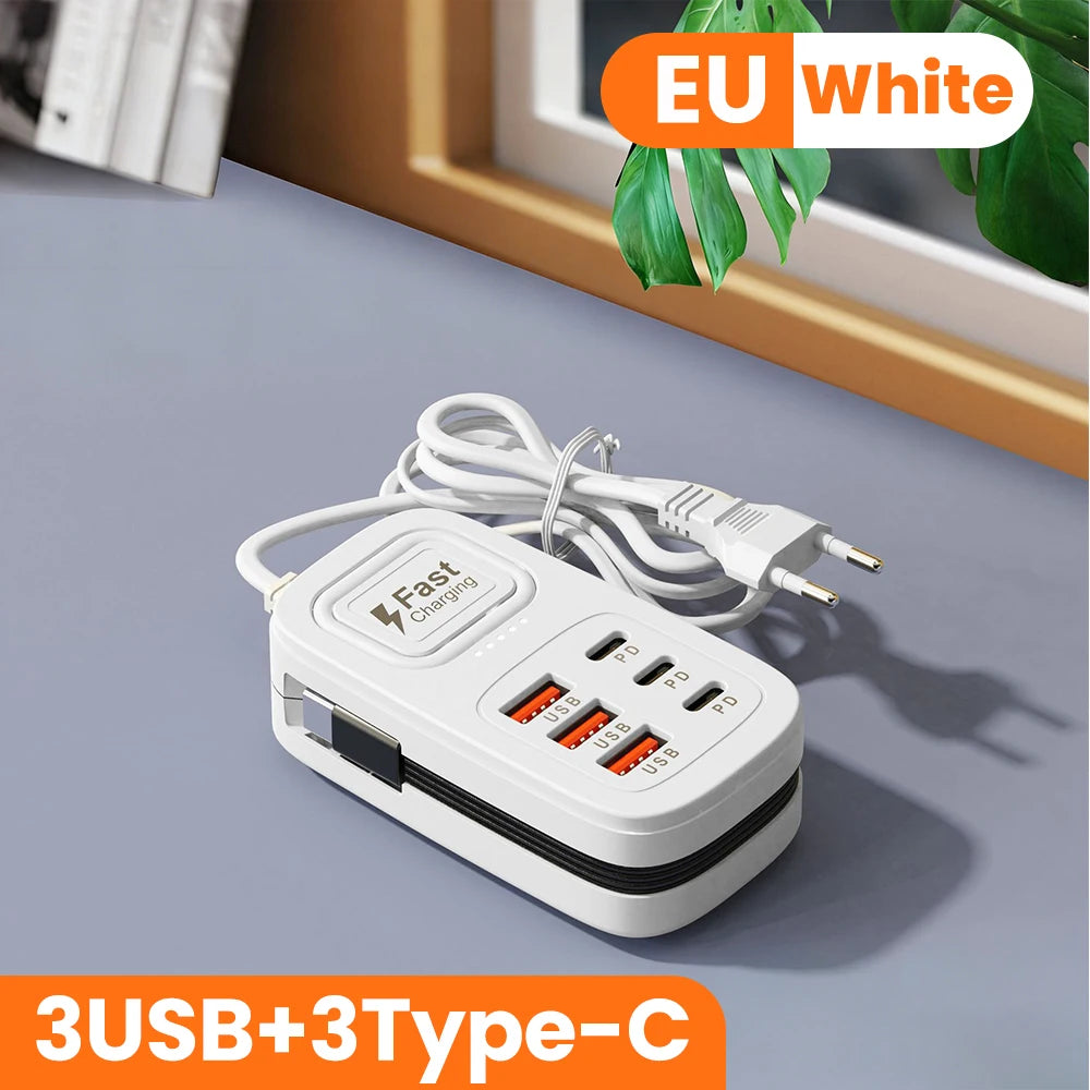 Station de Charge USB 6 Ports Multifonction — 3 USB + 3 Type-C, Charge Rapide