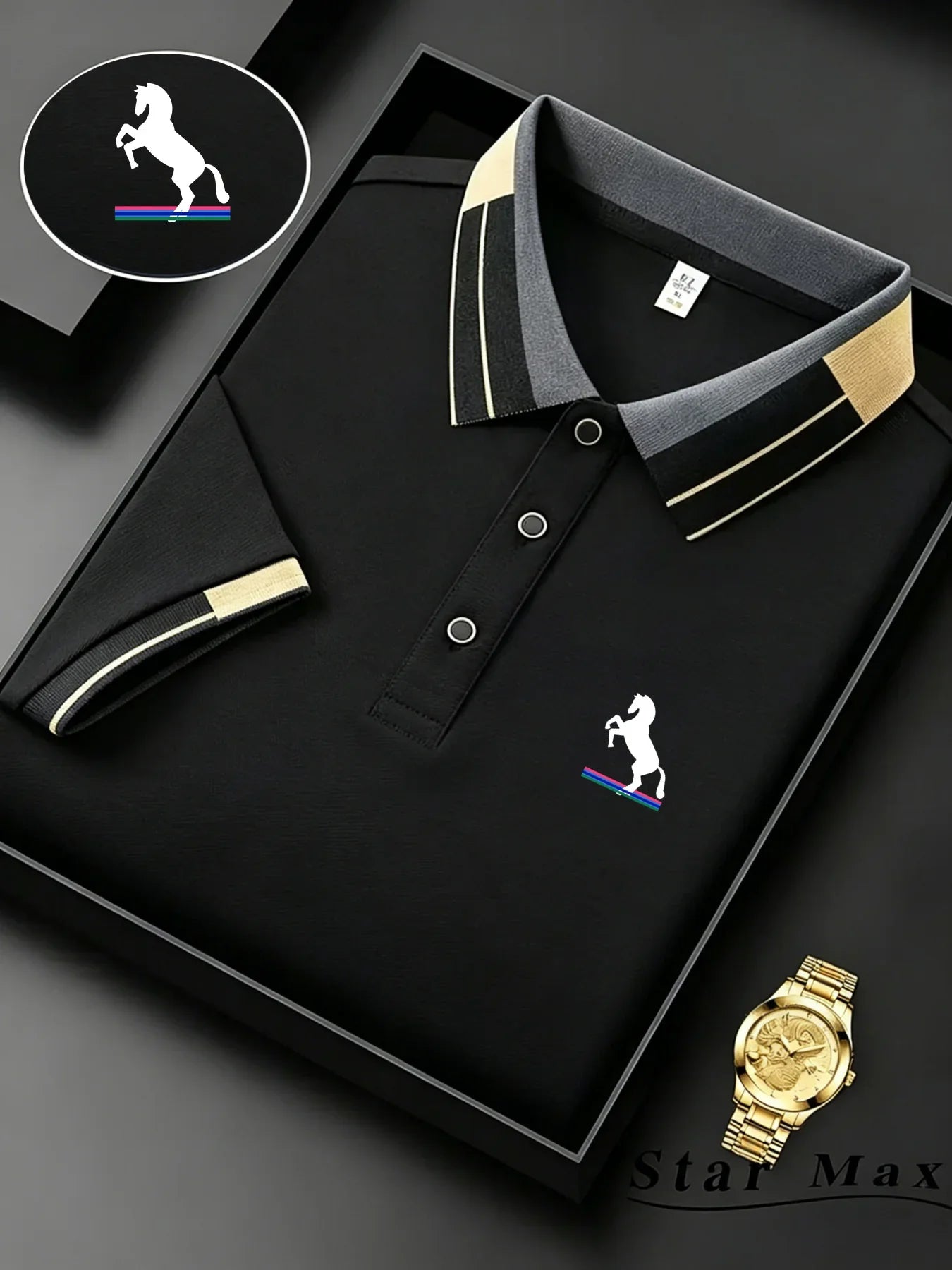 Polo Homme Luxe Brodé Cheval – Manches Courtes, Style Milan et Élégance Business Casual