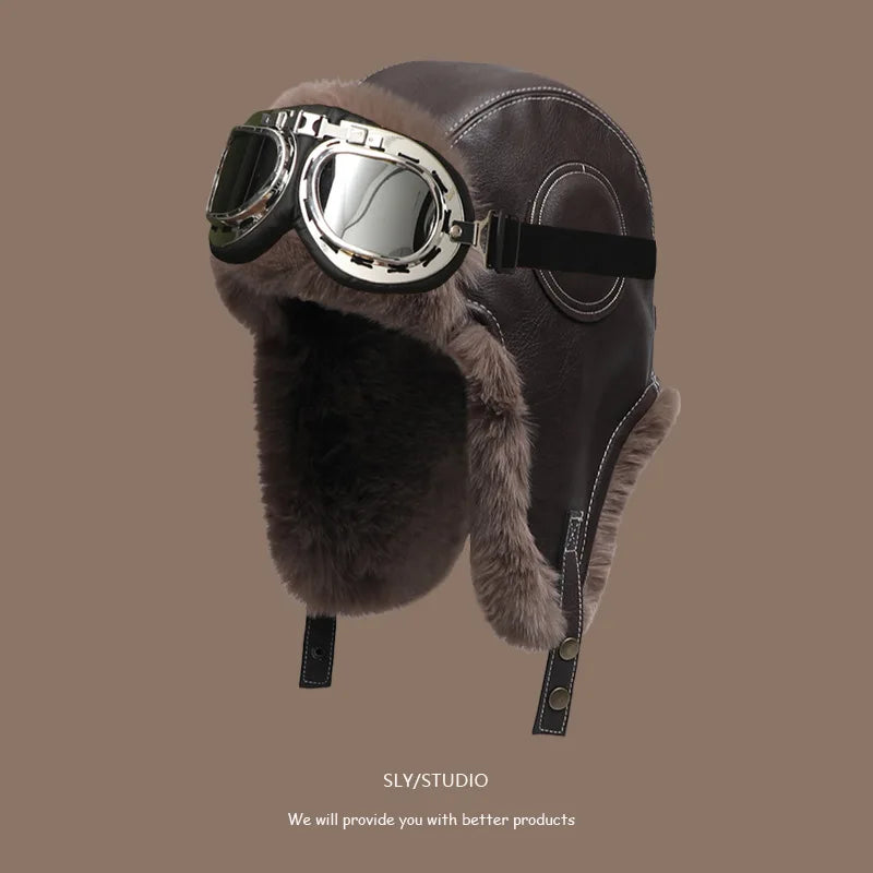Chapka Russe Aviateur avec Lunettes Rétro – Bonnet d’Hiver Fourré, Cache-Oreilles Chauds – Homme & Femme