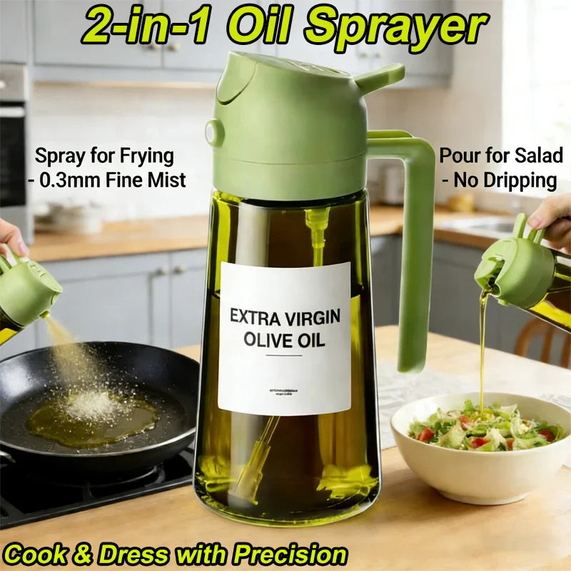 Flacon Pulvérisateur Huile 2-en-1 en Verre Épais 470ml — Spray & Verseur, Huile d'Olive