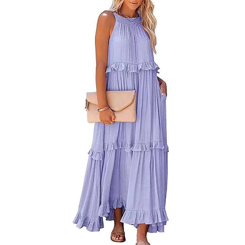 Robe Longue Femme à Volants – Maxi Robe Élégante Sans Manches pour Plage et Soirée Été 2026