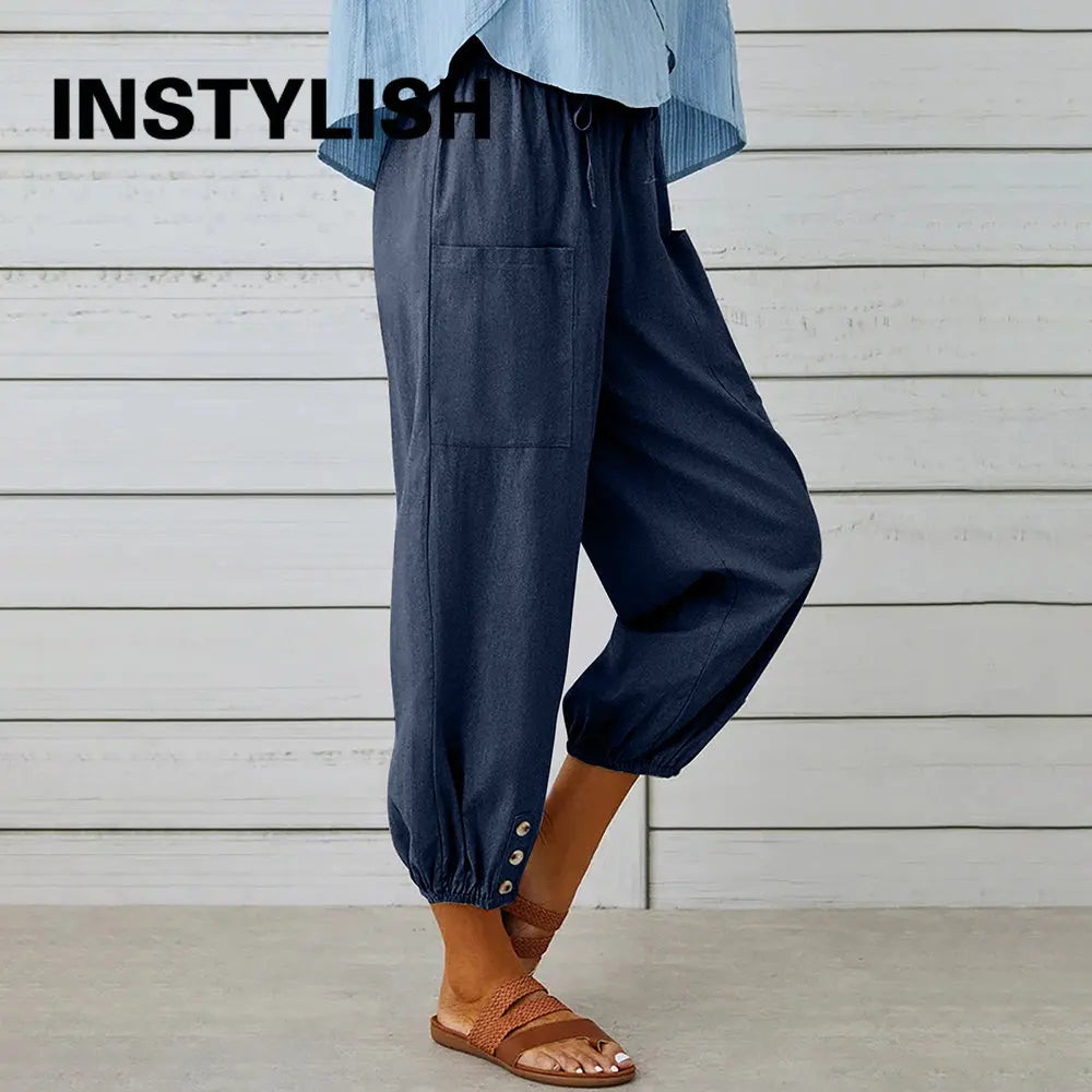 Pantalon Femme en Coton et Lin à Taille Haute – Coupe Ample à Jambes Larges et Taille Élastique