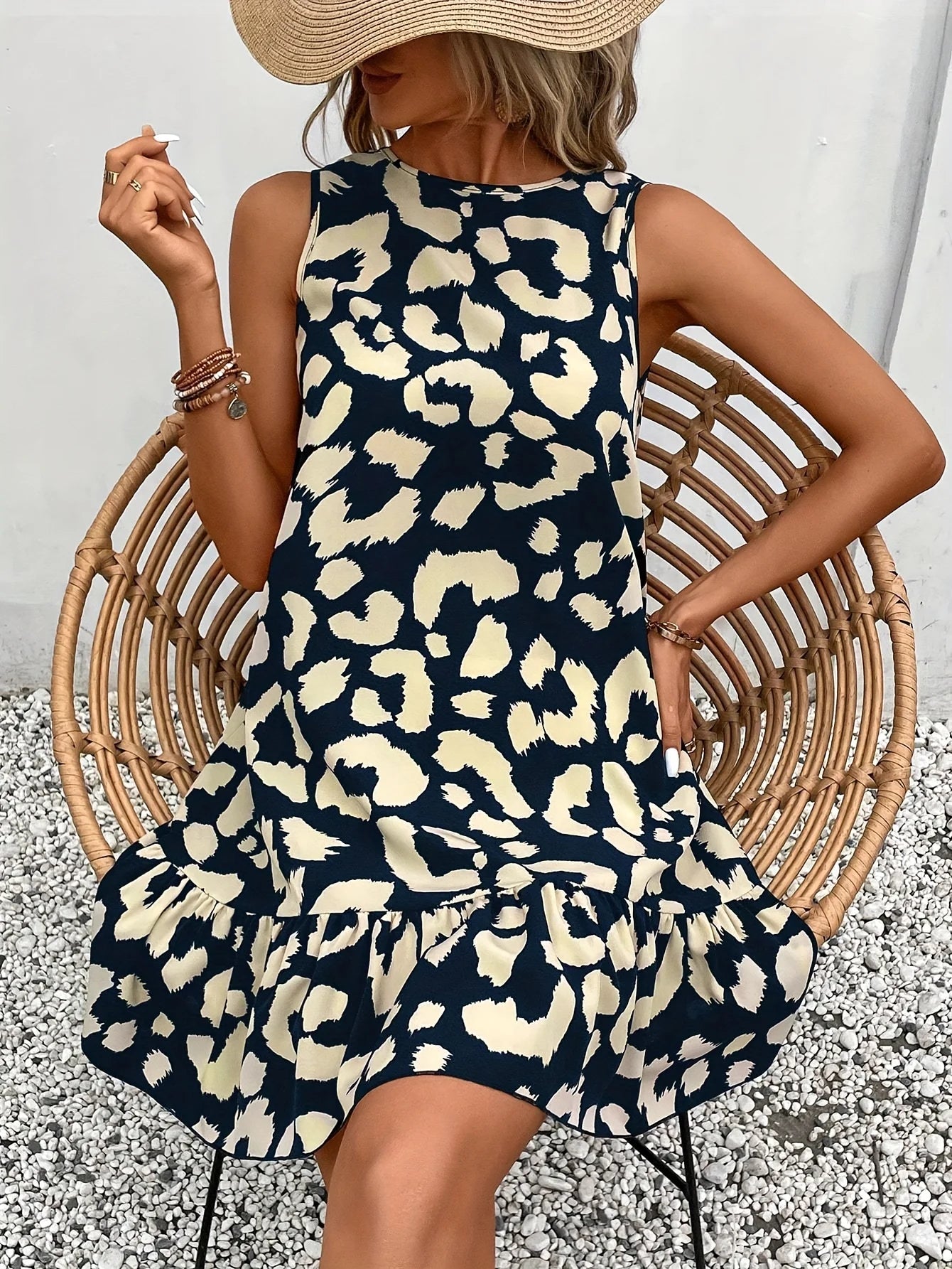 Robe Décontractée Sans Manches & Volants à Motif Léopard Marine