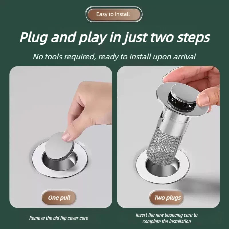Bouchon de Lavabo Pop-Up Anti-Fuite en Acier Inoxydable – Filtre Anti-Cheveux, Anti-Odeurs & Anti-Bouchons – Salle de Bain et Cuisine