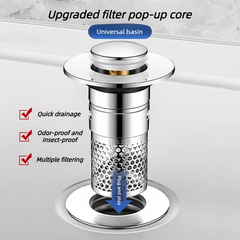 Bouchon de Lavabo Pop-Up Anti-Fuite en Acier Inoxydable – Filtre Anti-Cheveux, Anti-Odeurs & Anti-Bouchons – Salle de Bain et Cuisine