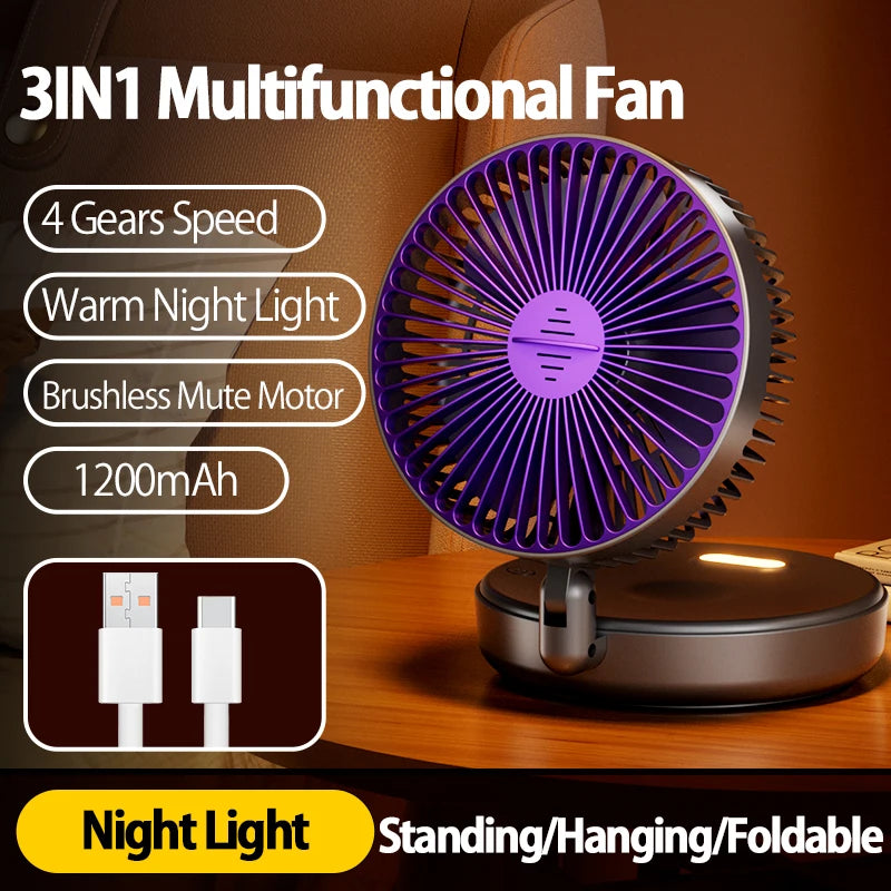 Ventilateur Portable 3-en-1 Rechargeable 1200mAh — Mural, Posable & Pliable 90°