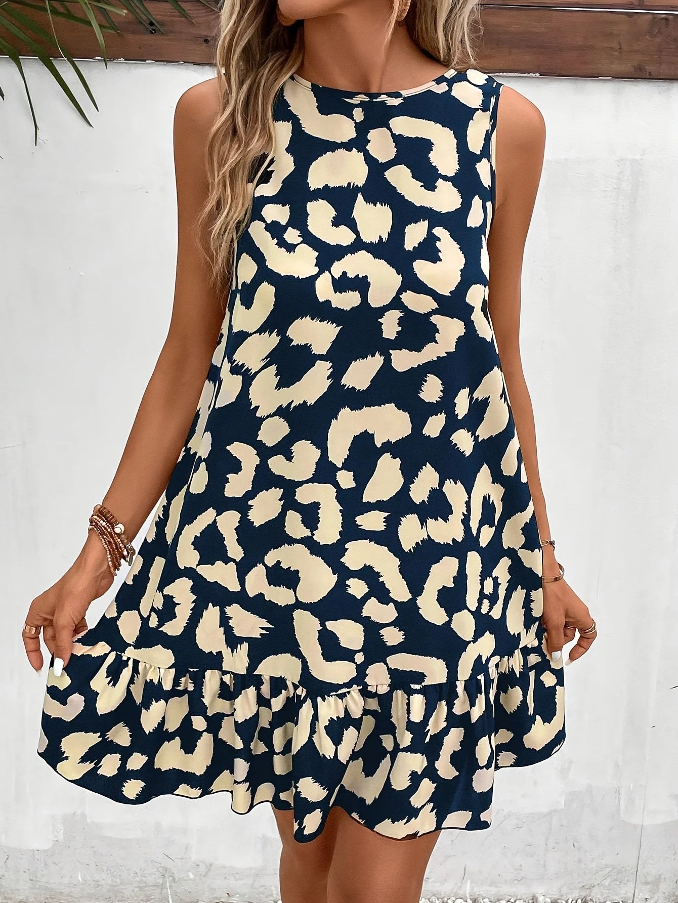 Robe Décontractée Sans Manches & Volants à Motif Léopard Marine
