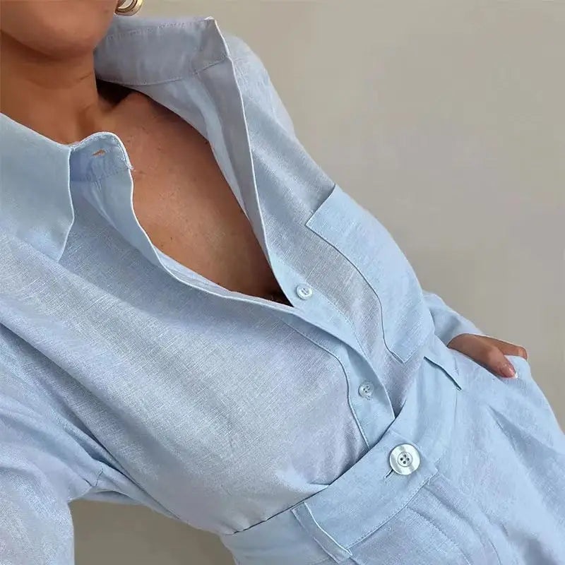 Ensemble 2PCS Casual Chic Chemise & Short en Coton et Lin