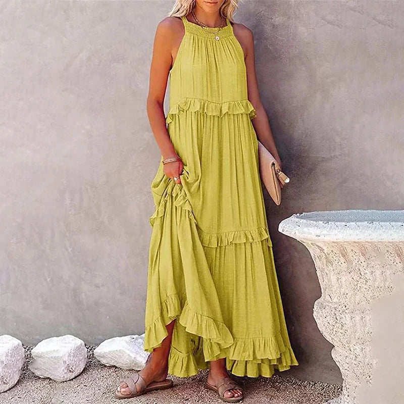 Robe Longue Femme à Volants – Maxi Robe Élégante Sans Manches pour Plage et Soirée Été 2026