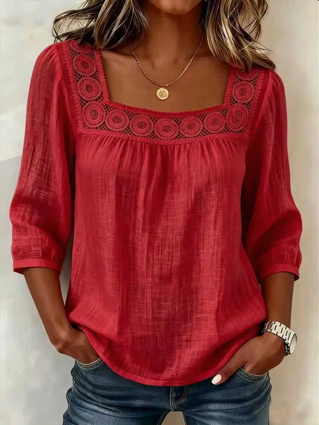 Blouse Femme Chic Décontractée – Dentelle Raffinée et Tissu Coton-Lin