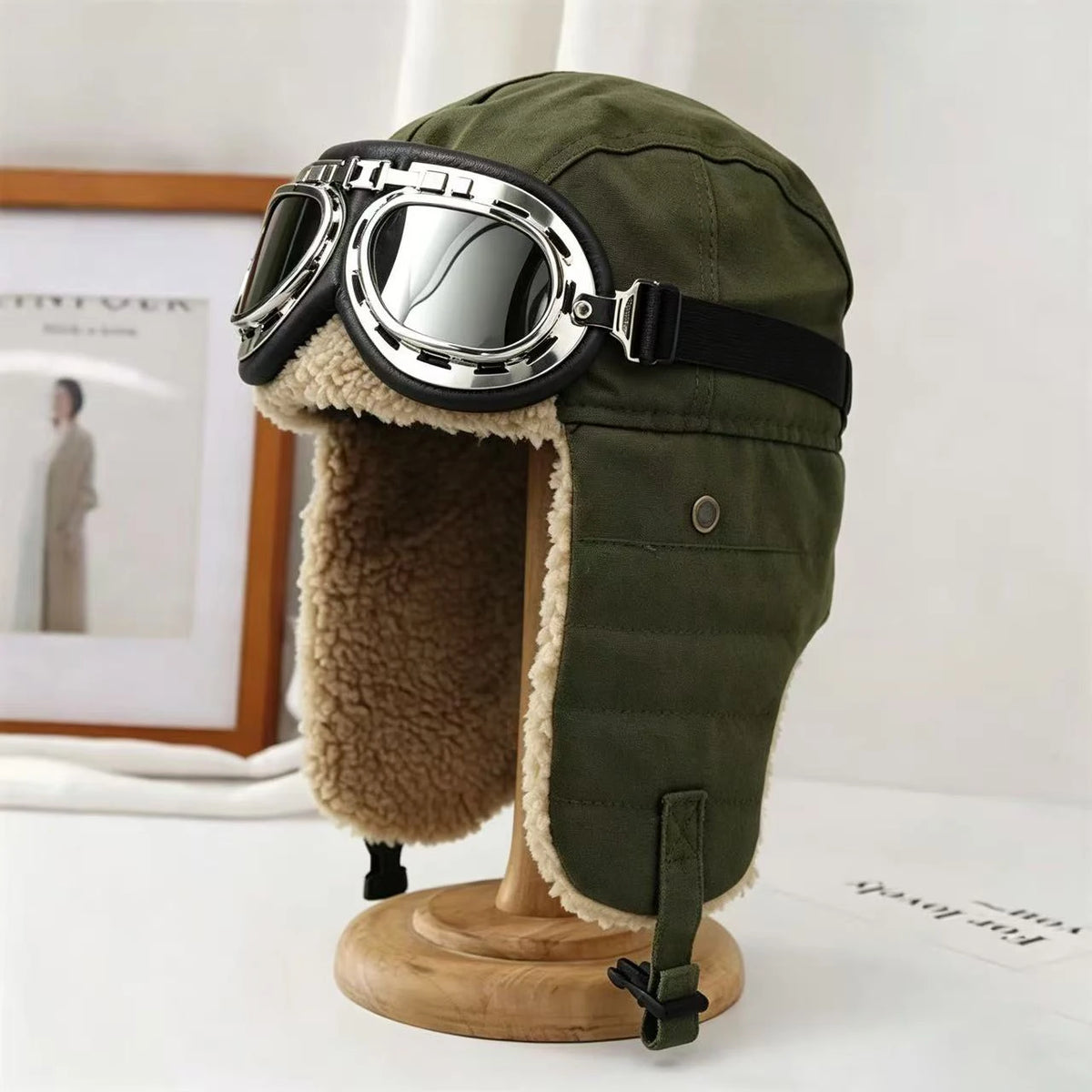 Chapka Russe Aviateur avec Lunettes Rétro – Bonnet d’Hiver Fourré, Cache-Oreilles Chauds – Homme & Femme