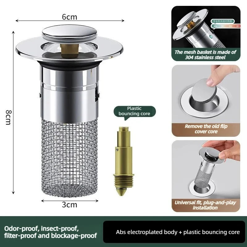 Bouchon de Lavabo Pop-Up Anti-Fuite en Acier Inoxydable – Filtre Anti-Cheveux, Anti-Odeurs & Anti-Bouchons – Salle de Bain et Cuisine