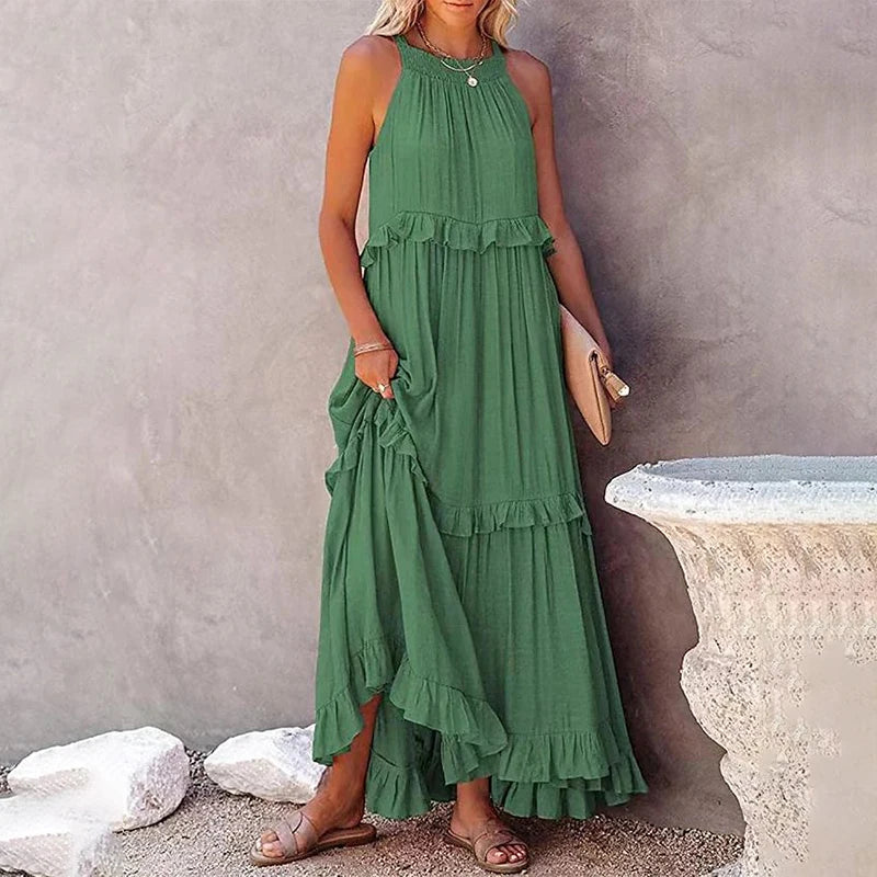 Robe Longue Femme à Volants – Maxi Robe Élégante Sans Manches pour Plage et Soirée Été 2026
