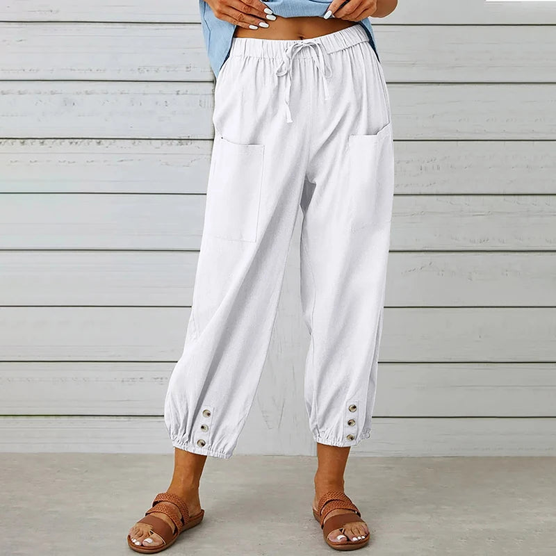 Pantalon Femme en Coton et Lin à Taille Haute – Coupe Ample à Jambes Larges et Taille Élastique