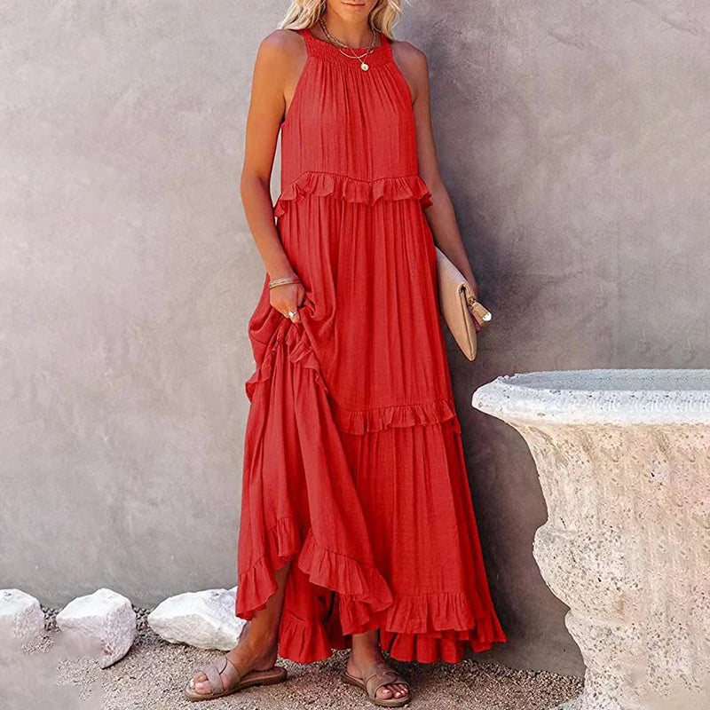 Robe Longue Femme à Volants – Maxi Robe Élégante Sans Manches pour Plage et Soirée Été 2026