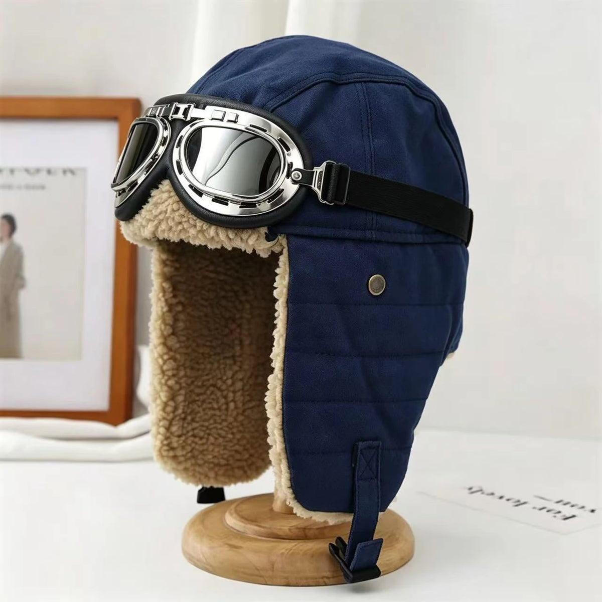 Chapka Russe Aviateur avec Lunettes Rétro – Bonnet d’Hiver Fourré, Cache-Oreilles Chauds – Homme & Femme