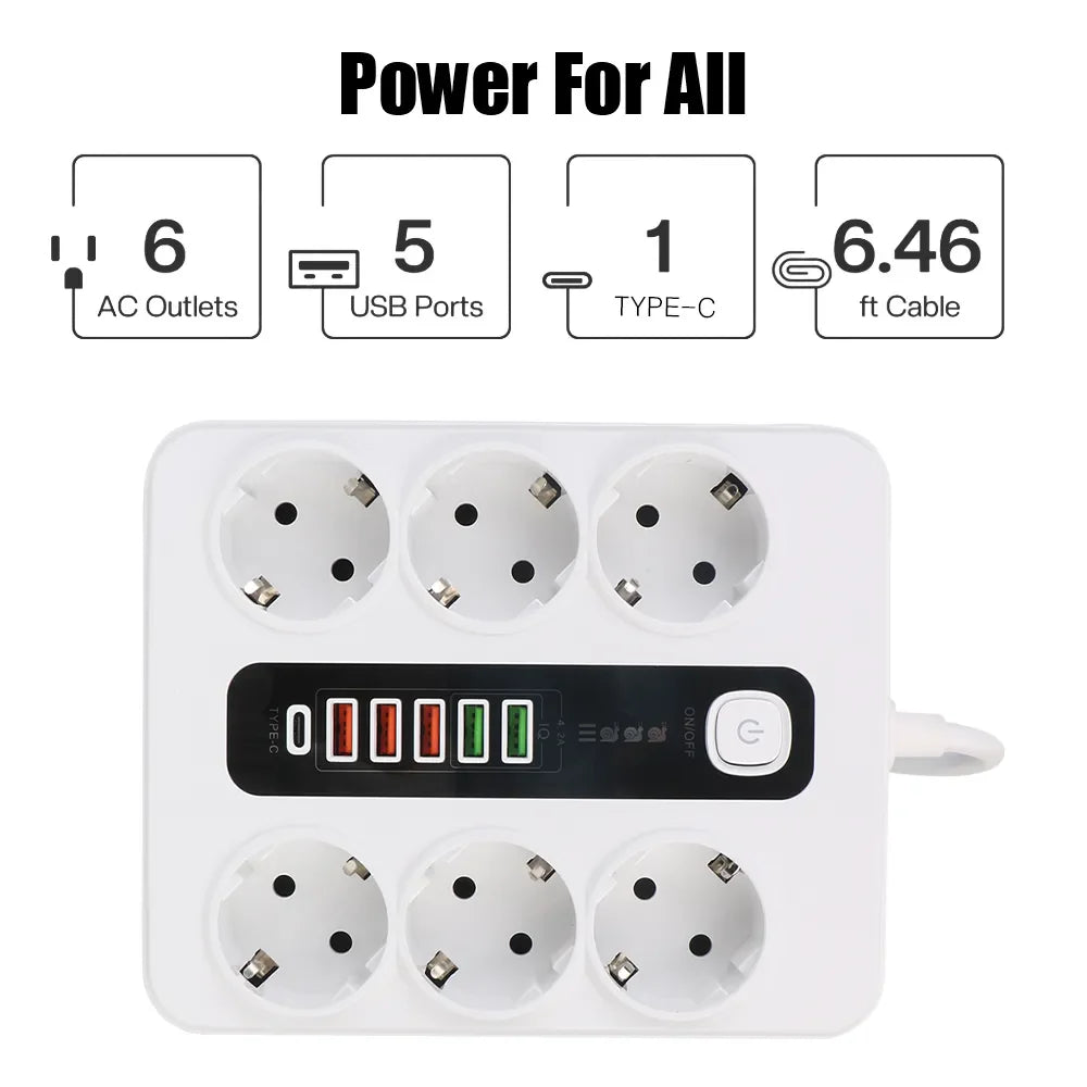 Multiprise 12 en 1 avec bouton On/Off - 6 Prises et 6 Ports USB