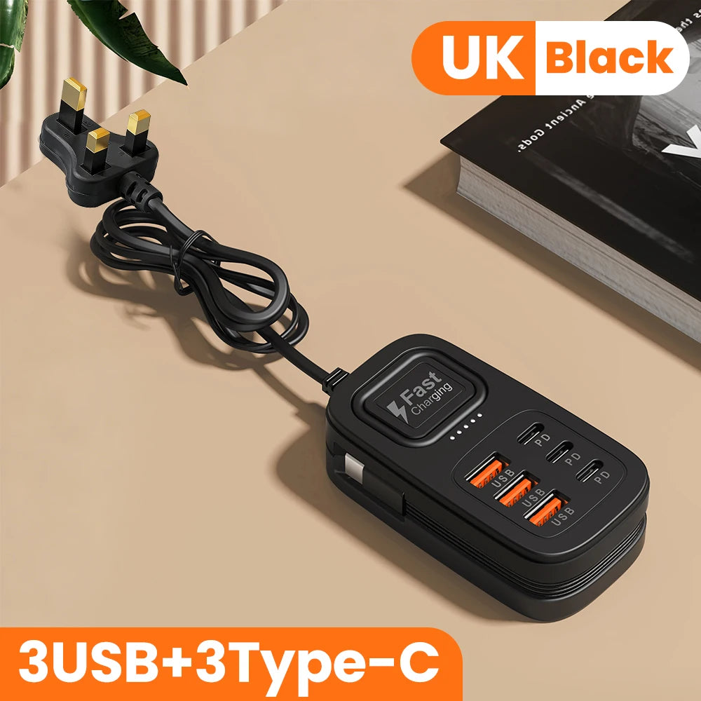 Station de Charge USB 6 Ports Multifonction — 3 USB + 3 Type-C, Charge Rapide