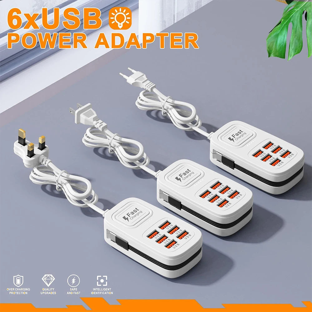 Station de Charge USB 6 Ports Multifonction — 3 USB + 3 Type-C, Charge Rapide