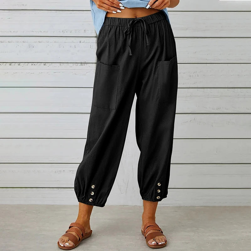 Pantalon Femme en Coton et Lin à Taille Haute – Coupe Ample à Jambes Larges et Taille Élastique