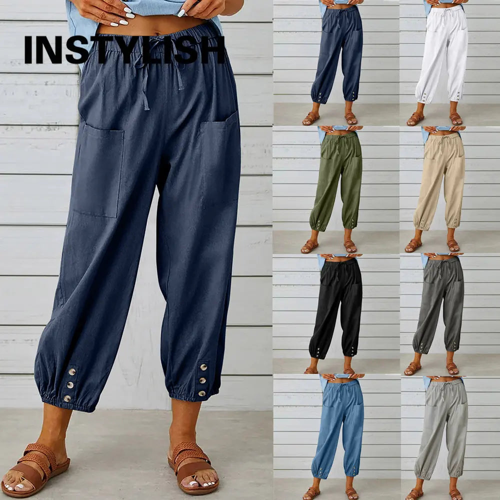 Pantalon Femme en Coton et Lin à Taille Haute – Coupe Ample à Jambes Larges et Taille Élastique