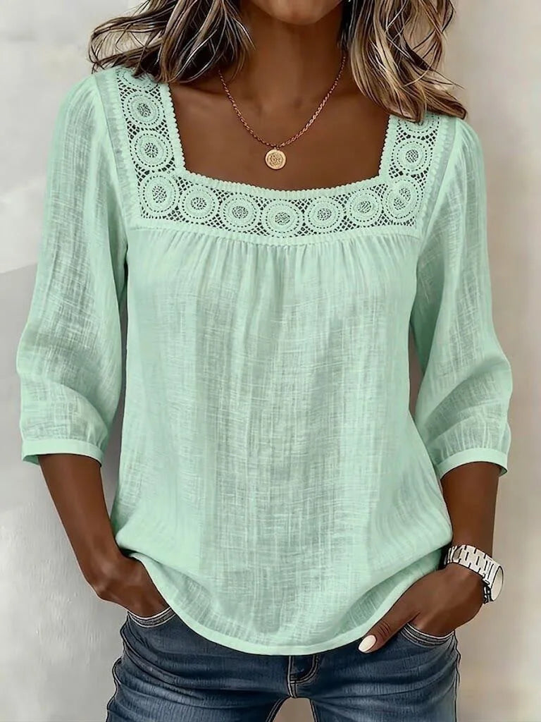 Blouse Femme Chic Décontractée – Dentelle Raffinée et Tissu Coton-Lin