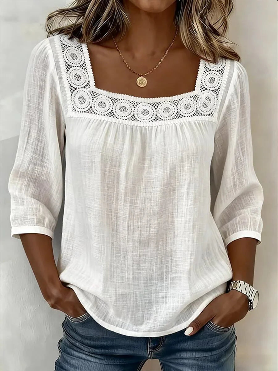 Blouse Femme Chic Décontractée – Dentelle Raffinée et Tissu Coton-Lin